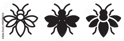 Three black and white insects, one of which is a bee. The insects are drawn in a stylized way, with each one having a different shape. Vector.