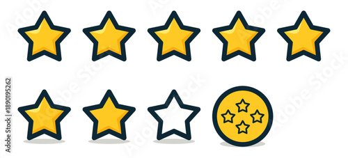 A set of five stars with a yellow star in the middle. The yellow star is surrounded by four other stars. Vector.