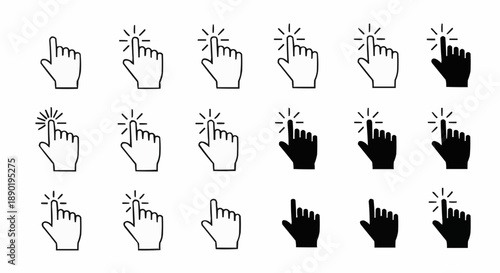 Hand icons collection showing various gestures and clicking actions