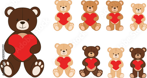 teddy bear with heart vector set. Adorable cartoon bears holding red hearts. Love themed illustrations for Valentine cards, gifts, kids design and nursery projects.
