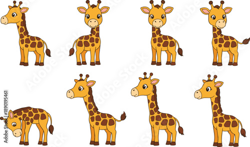 giraffe character vector set. Cartoon giraffes in different poses and expressions. Safari wild animal illustrations for kids design, stickers, games and education.