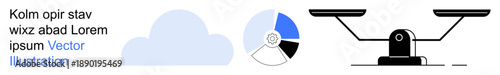 Cloud computing, data analysis, decision-making, digital services, scalable solutions, technology. Blue cloud shape, pie chart and black balance scale icons. Cloud computing and analytics concepts