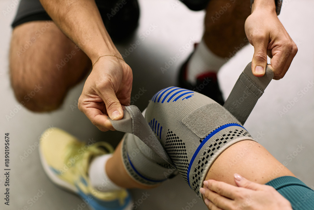 Fototapeta premium Caucasian young adult man assisting Caucasian young adult woman by wrapping elastic bandage around knee during physical therapy rehabilitation session focusing on injury recovery