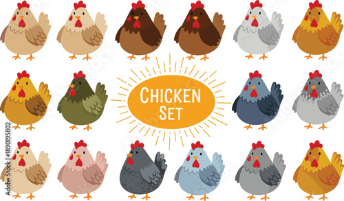 Chicken character vector set. Cute flat hens in different colors and styles. Farm poultry illustrations for kids design, branding, stickers and educational projects.