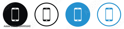 Four minimalist smartphone icons in circular frames. Featuring solid and outline styles in black and blue, these vector symbols are ideal for mobile apps, contact info, and digital communication.