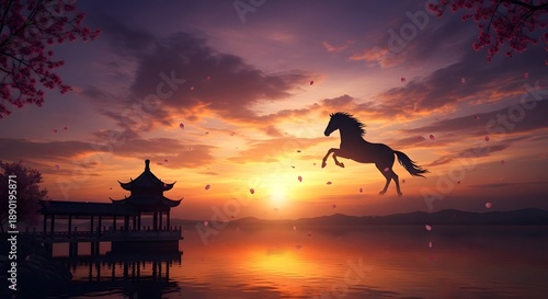 Majestic horse leaping over serene lake at vibrant sunset with traditional pavilion in the foreground