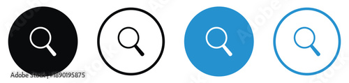 Set of four magnifying glass icons in circular buttons. Minimalist search symbols in black and blue outline and solid versions, ideal for web navigation, UI/UX design, and discovery tools.