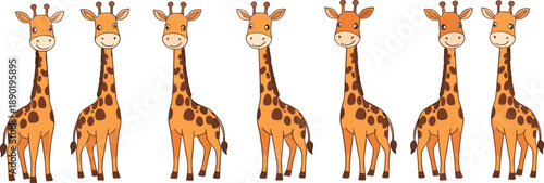 giraffe character vector set. Smiling cartoon giraffes standing in different poses. Safari wild animal illustrations for kids design, education and nursery projects.