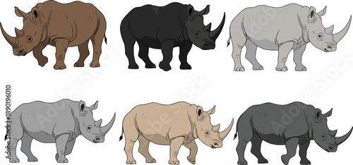 Rhinoceros character vector set. Flat cartoon rhinos in different colors and poses. Wild safari animal illustrations for education, wildlife design and kids projects.