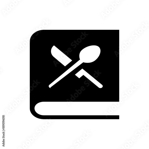 A minimalist vector icon of a book with a spoon and knife crossed on top, symbolizing a cookbook or recipe book