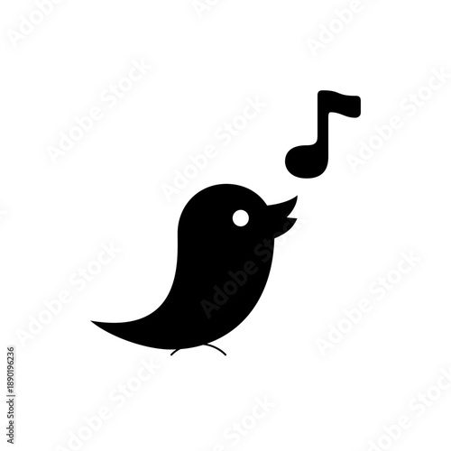 A minimalist black silhouette of a bird singing a musical note in a simple, flat design style