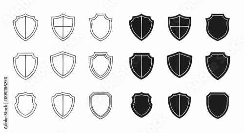 Collection of various shield icons in different styles and fills on white