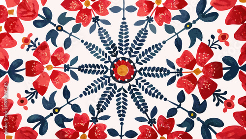 Expressive red floral cluster bursts with stylized symmetry featuring a decorative repeatable pattern against a clean white backdrop