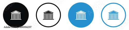 Set of four circular bank icons in black, white, and blue styles. Ideal for finance, law, government, or public administration themes in digital design and branding.