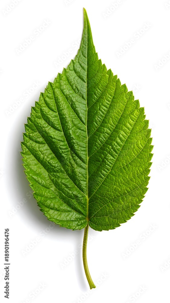 Fototapeta premium A single, vibrant green leaf, split down the middle, showcasing veins and texture, casting a shadow on a white background
