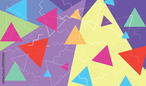 Memphis Style Abstract Geometric Triangle Pattern Tile | Vibrant Colorful Purple Pink Red Yellow Teal Zigzag Background Vector Retro 90s Revival Fun Bold