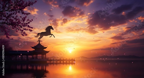 A majestic horse leaps over a serene lake pavilion at dusk with a vibrant orange and purple sky