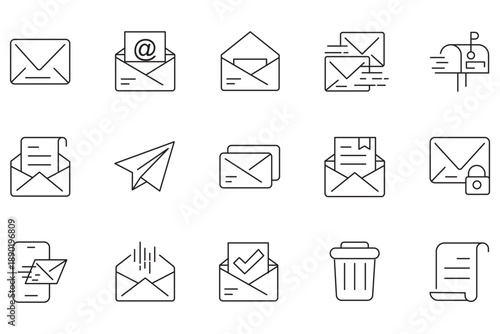 Set of Mail Line Icons. E-Mail, Envelope, Mailbox, Message. Editable Stroke. Pixel Perfect.