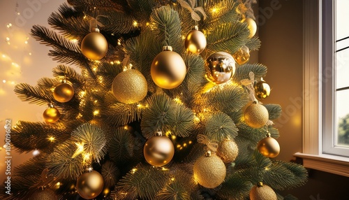 Beautifully Decorated Christmas Tree Adorned With Warm Lights And Golden Baubles