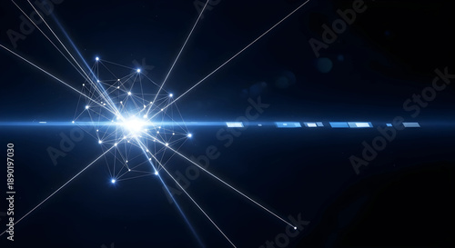 宇宙開発や衛星通信を象徴する光のネットワークとレーザー軌跡。次世代通信インフラや宇宙ビジネス向け16:9背景。