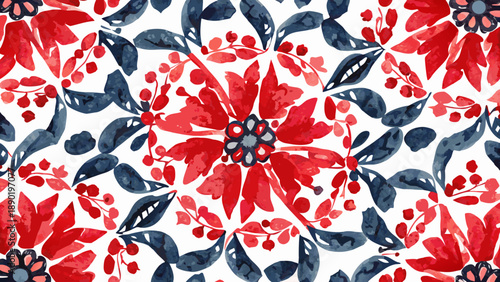 Floral kaleidoscope pattern presents repeated symmetrical blossoms in vibrant red and dark blue evoking a sense of rhythm and natural organic