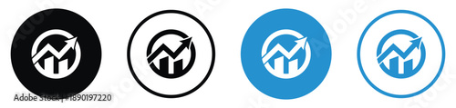 Financial growth chart icon showing an upward arrow and bars. Clean vector design in blue and black circles. Suitable for stock market, profit analysis, and success strategy graphics.
