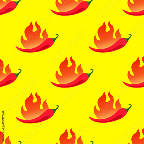 Cute flat chili pepper seamless pattern in cartoon doodle style, featuring vibrant red capsicum and spicy paprika elements, perfect for food packaging, wallpaper, decorative prints, and culinary vecto