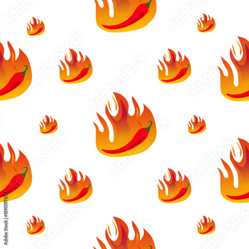 Cute flat chili pepper seamless pattern in cartoon doodle style, featuring vibrant red capsicum and spicy paprika elements, perfect for food packaging, wallpaper, decorative prints, and culinary vecto