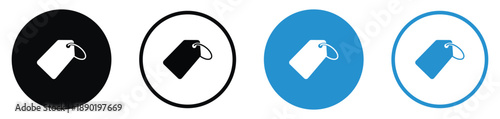 Minimalist price tag vector icons for retail and e-commerce. Includes various circular styles in black and blue. Perfect for sales promotions, shopping apps, and product labeling designs.