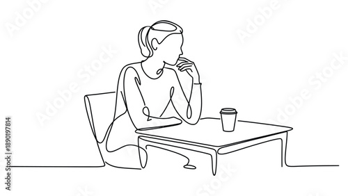 minimalist continuous line art illustration of woman drinking coffee at table, single line drawing concept isolated on white background