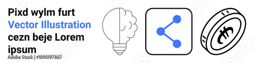 Technology innovation, cryptocurrency, networking, digital ideas, finance concepts, online communication. Light bulb, network icon and crypto coin symbols with text. Technology innovation