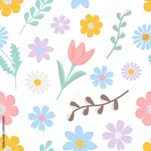 Cute floral seamless pattern with colorful spring flowers. Hand drawn vector background.
