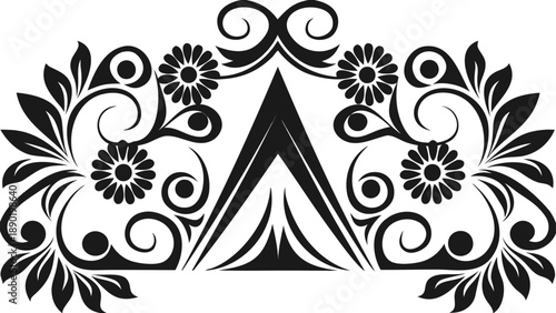 Ornate black and white floral design with repeated pattern and triangular motif on plain background
