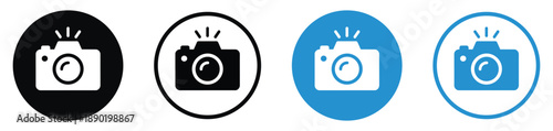 Vector set of digital photo camera icons. Features solid and outline styles in black and blue circles. Ideal for photography apps, social media, and multimedia interface design.