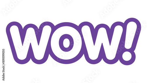 wow word typography with bold rounded letters and exclamation mark isolated on white background for surprise reaction, sticker and branding design