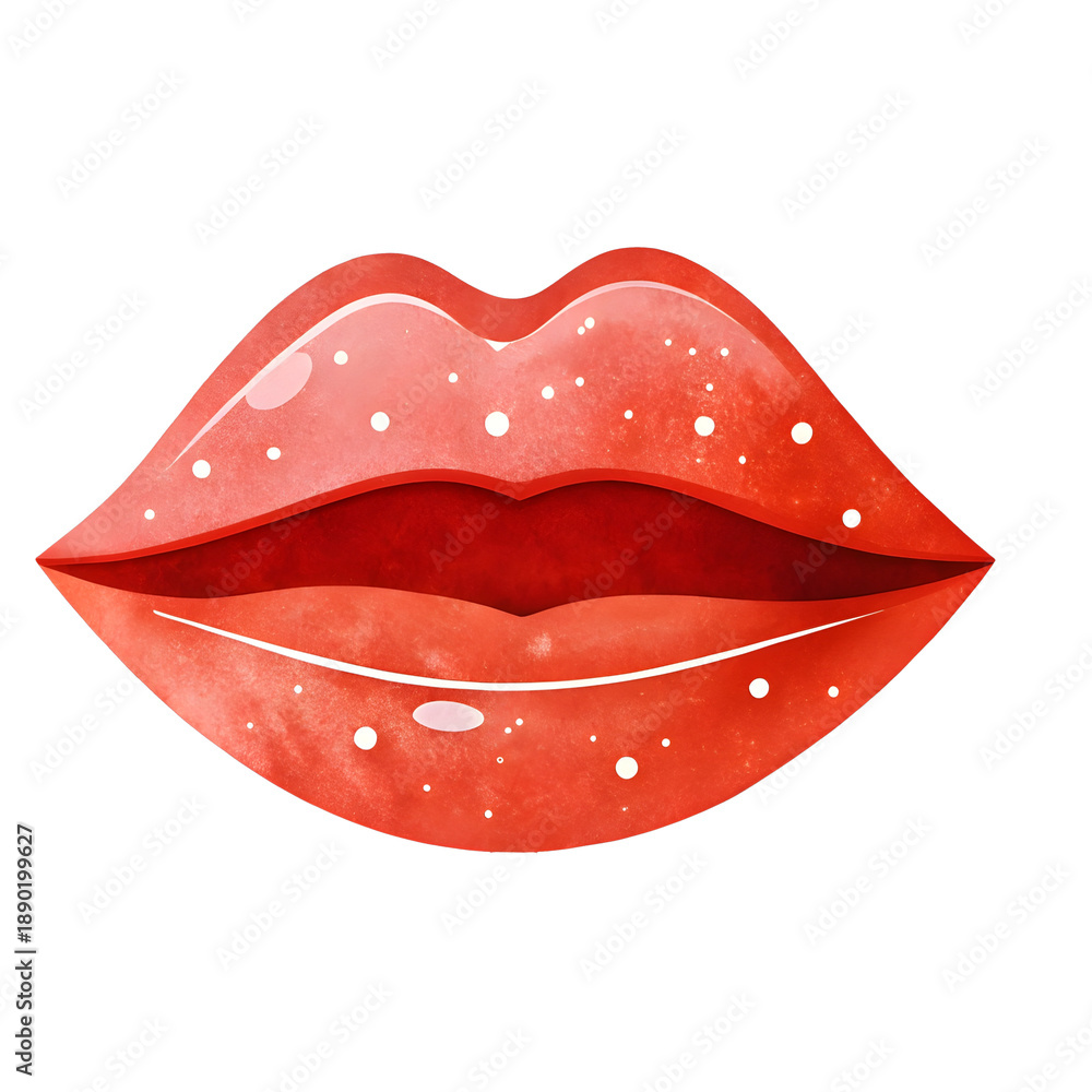 Obraz premium Beautiful coral lips illustration with white highlights and sparkle effect isolated on transparent background