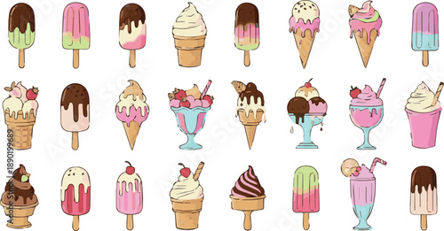 Colorful assorted ice cream sticks and cones illustration