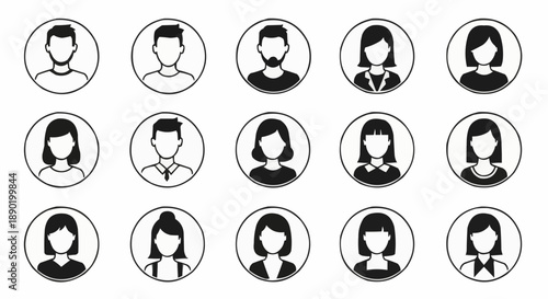 Diverse facial icons showcasing men and women in circular frames