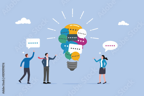 Businesspeople discuss with lightbulb speech bubble, speak or telling intelligence information, effective communication, meeting discussion or conversation solution, team opinion new idea concept.