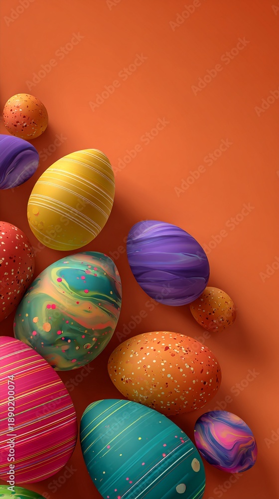 Obraz premium Vibrant Easter eggs in various colors and patterns scattered artfully against a warm orange background, creating a festive and playful spring holiday composition.