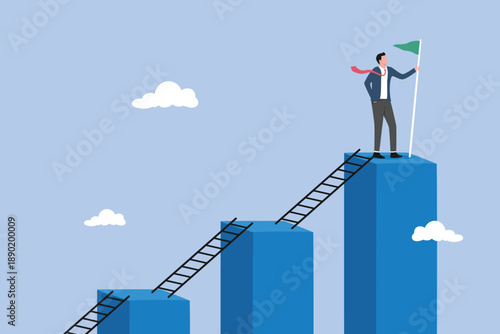 Step to grow business, businessman climb up ladder step by step on graph to achieve goal, improvement or development to achieve goal, ladder of success, progress, growth journey, career path concept.