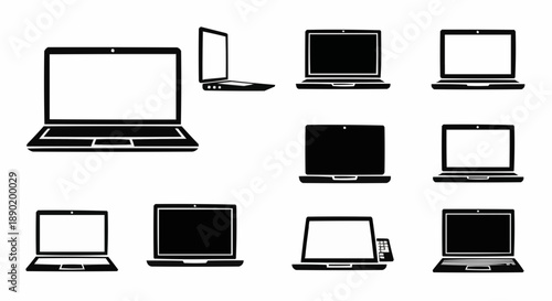 Multiple laptops displayed in various angles and open states on a clean