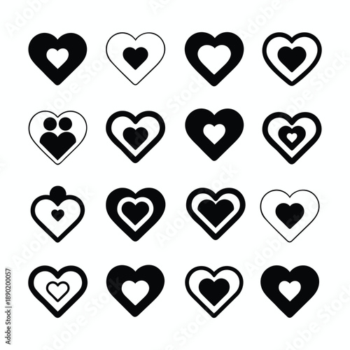 Minimal Heart Icon Set Vector, Black and White Love Symbols Collection