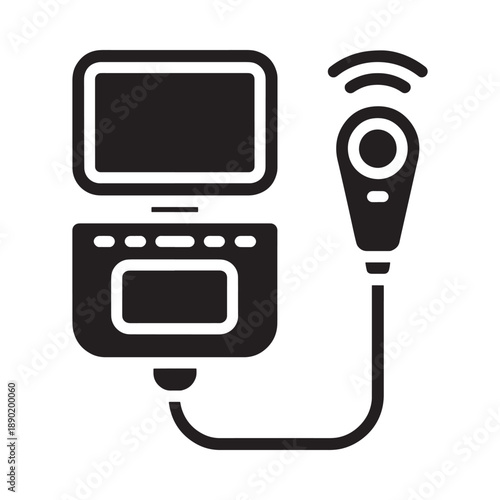 A black and white icon depicting a portable ultrasound machine with a probe