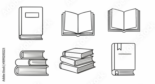 Stacked and open books icon set in black and white