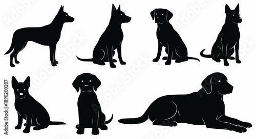 Collection of black dog silhouettes in various poses on white background