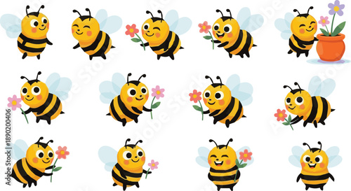 Cartoon bees collecting nectar from colorful flowers