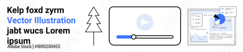 Digital media, analytics tools, online education, communication, video content, data visualization. Minimalist media player, tree icon and analytics dashboard. Media interface and analytics tools