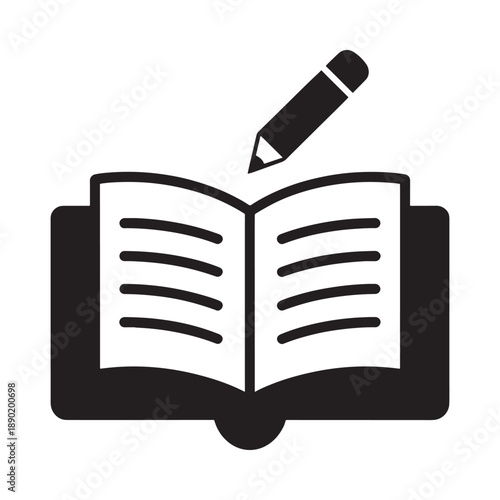 A black and white illustration depicting an open book with a pencil