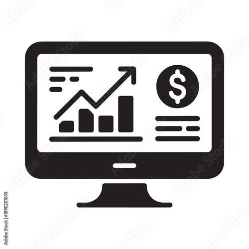 A black computer monitor displaying a financial growth chart and dollar sign